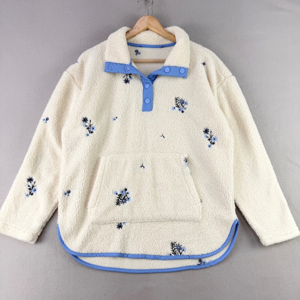 Dreamers Floral Sherpa Fleece Pullover Women Small Cream Blue Snap Neck